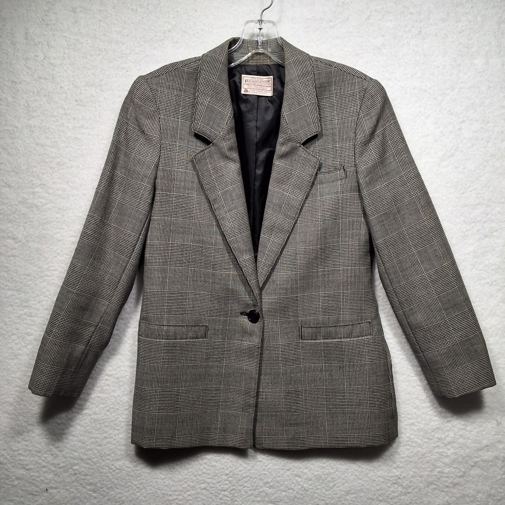 Vintage Pendleton Petite Blazer Women's Sz 6 Gray Plaid 100% Virgin Wool Jacket
